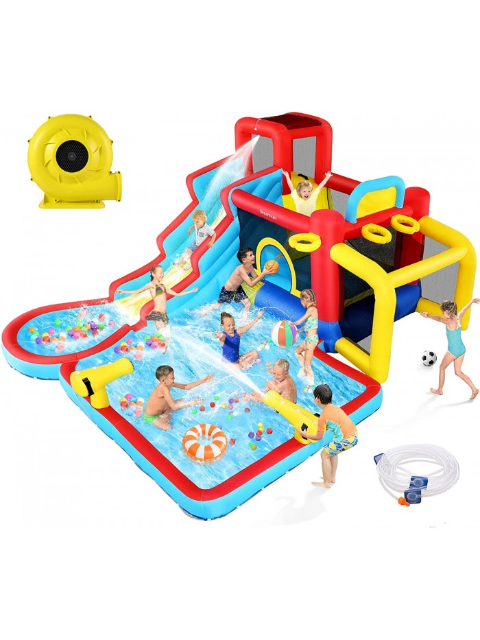 Qhomic Inflatable Water Slide 12 in 1 Waterfall Waves Mega Water Park, Inflatable Bounce House Water Slide with Splash Pool, Climbing Wall, Cannon, Basketball Hoop, Ball Shooting, Football Gate