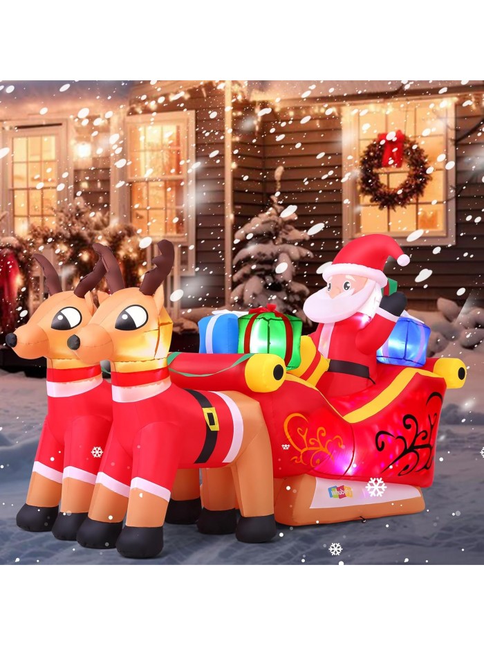 Qhomic 4.5FT Christmas Inflatable Santa with Reindeer Sleigh and Gift Box, Christmas Inflatable Outdoor Decoration with LED Lights for Holiday Indoor and Outdoor Decorations with Blower