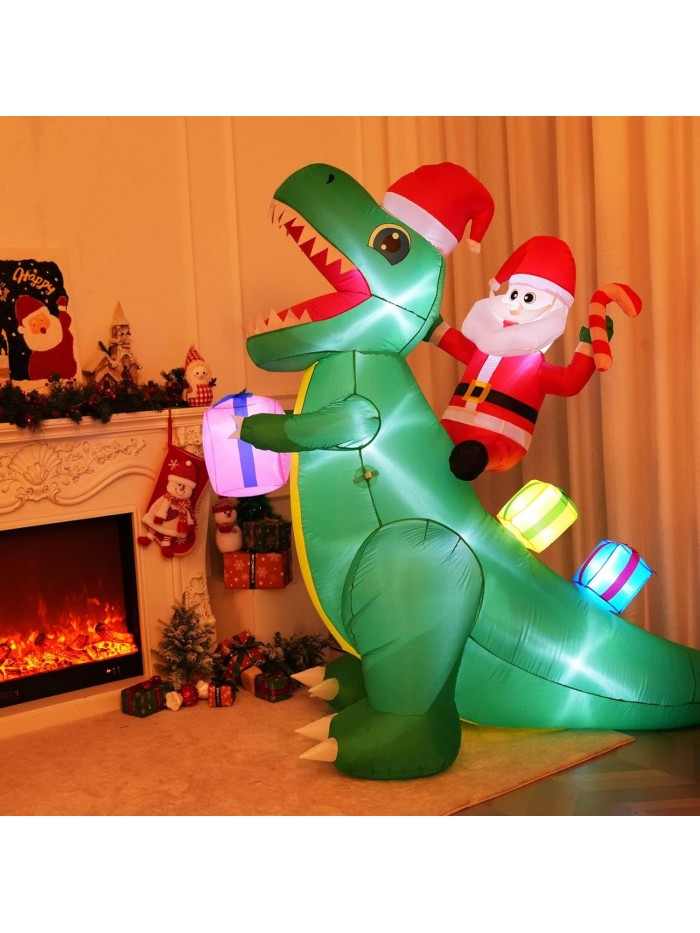  7FT Inflatable Christmas Figure with Built-in LED Lights, Inflatable Santa Claus with Christmas Dinosaur, Perfect for Indoor and Outdoor Party Decorations in Yards, Lawns, Living Rooms