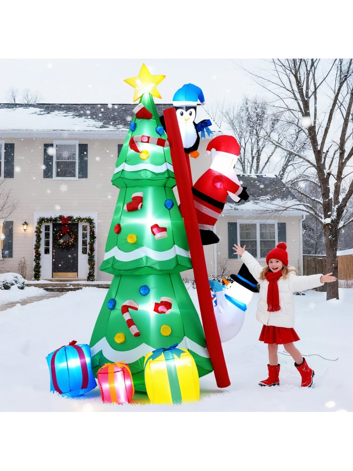Veeboto 8FT Christmas Inflatable Tree with Gift Boxes, Santa Claus, and Penguins Climbing Stairs, Christmas Tree Blow up with Built-in LEDs Holiday Decoration 