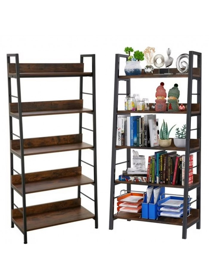 Veeboto 5-Tier Bookshelf Industrial Ladder Shelf for Home, Wood and Metal Bookcase, Shelf Rack Storage Decor for Office, Brown