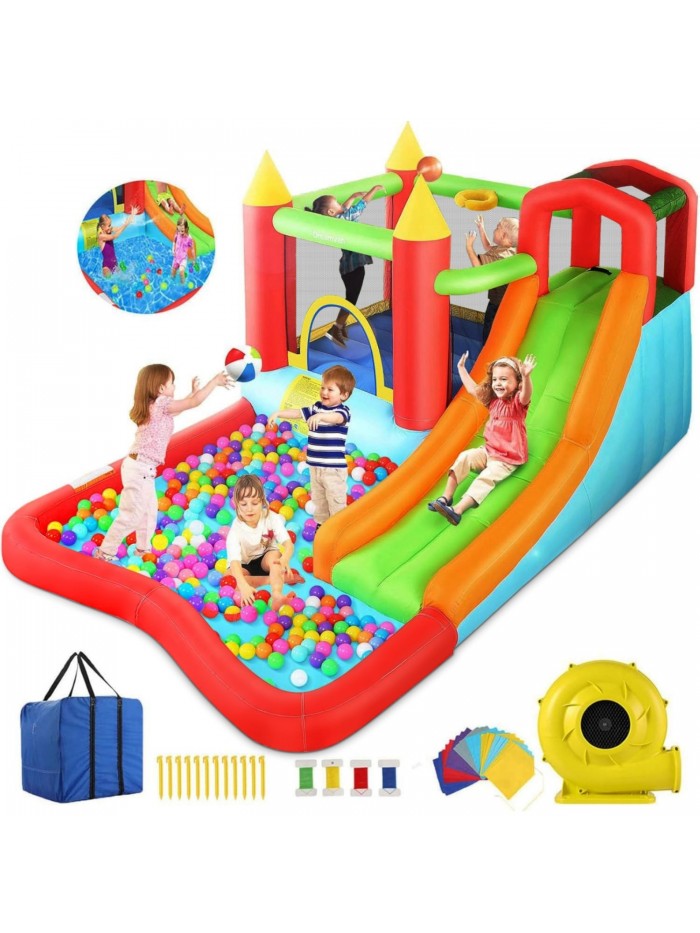 Veeboto Bounce House with Blower Indoor/Outdoor Bouncy House Slides, Climbing Wall, Ball Pit, Jumping Area, Shoot All in One Inflatable Bounce Castle for Kids 3-10