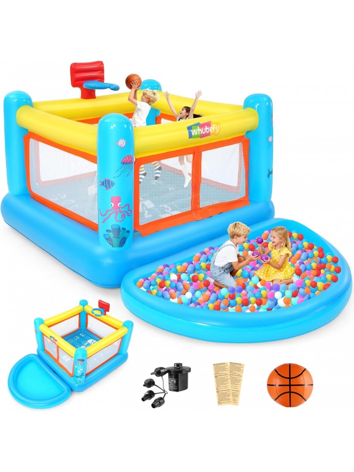 Veeboto Inflatable Bounce House with Blower, Indoor/Outdoor Bouncy Castle Featuring a Jumping Area, Basketball Hoop, Ball Pool/Water Pool, Jumping House Suitable for Ages 3-6